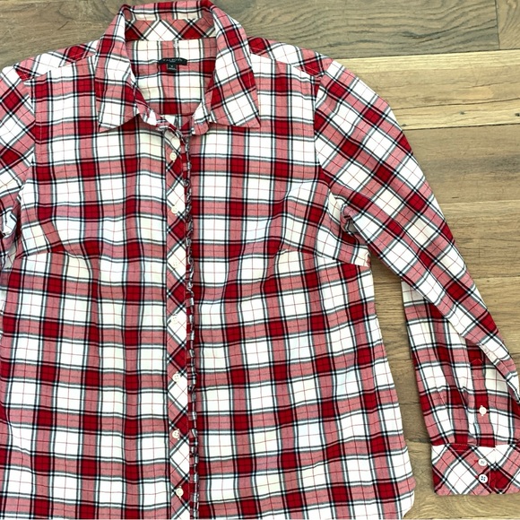 Talbots Red Plaid Button Ruffle Front Long Sleeve Dress Shirt Size XL - Picture 6 of 14